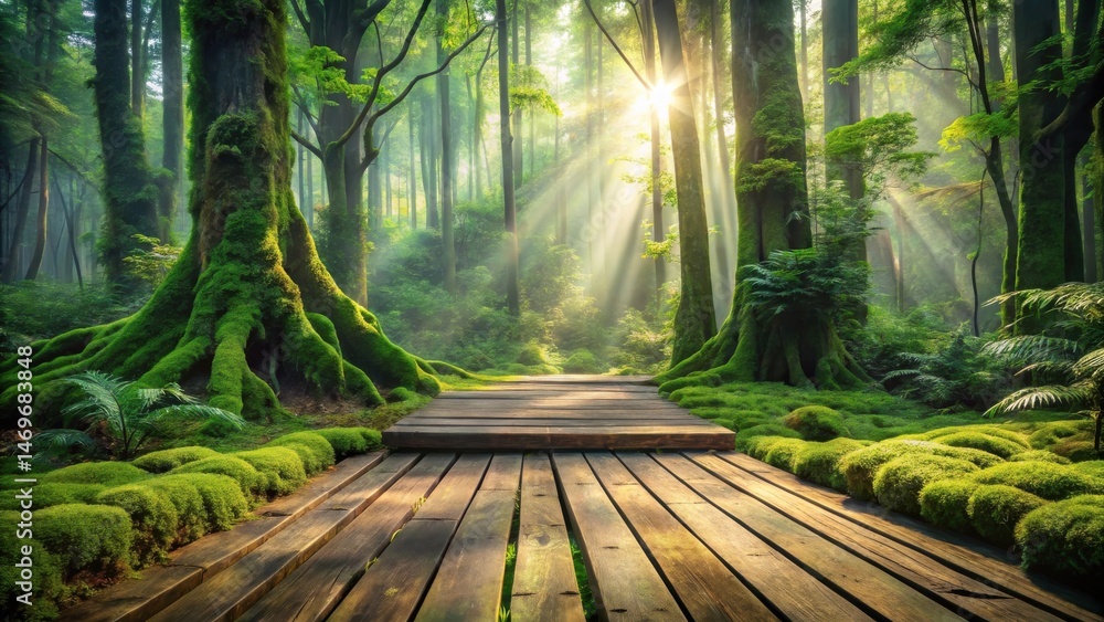 Poster sunlit path through a mystical mossy forest with ancient trees and lush greenery