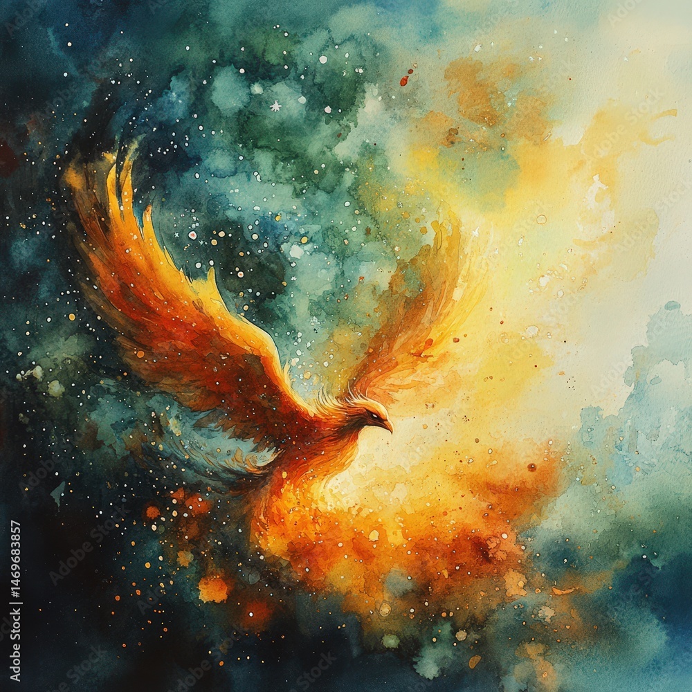 Poster graceful bird in flight against clear blue sky with soft clouds creating a serene atmosphere