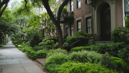 Fototapeta premium Historic street lined with lush greenery