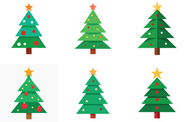 A festive set of green christmas trees, decorated for the winter holiday celebration with a star and balls, perfect for xmas card illustrations