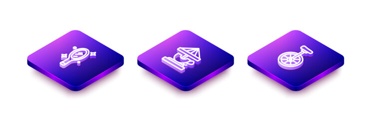 Set Isometric line Magic hand mirror, Attraction carousel and Unicycle icon. Vector © Iryna