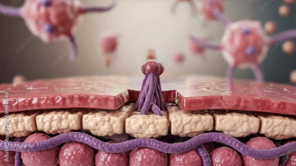 Poster detailed 3d rendering of fungus interacting with skin and scalp cells reveals microscopic biological