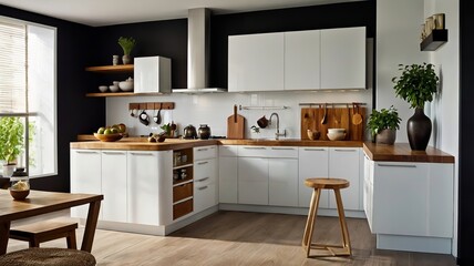 A picture of a kitchen featuring white cabinets and wooden countertops on stylish kitchen designs.
