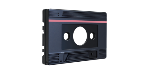 Retro Black Cassette Tape With Red Stripe. Vintage Audio Media And Nostalgia Concept Isolated On Transparent Background