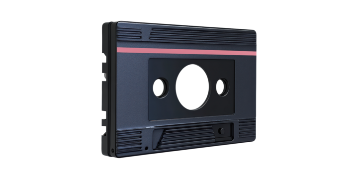 Retro Black Cassette Tape With Red Stripe. Vintage Audio Media And Nostalgia Concept Isolated On Transparent Background