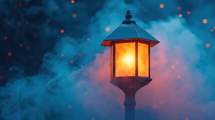 A solitary street lamp illuminates a foggy night scene.