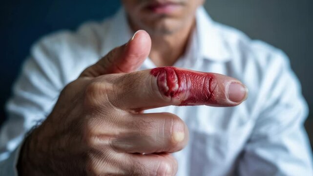 Close up of male hand finger with skin redness, peeling, and injury highlighting damaged skin and risk of infection or discomfort