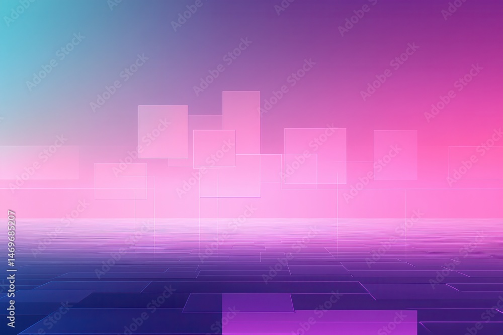 Poster abstract gradient background with floating transparent squares in vibrant pink and blue hues