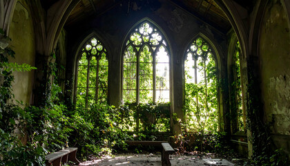Fototapeta premium Sunlit Ruins: An Overgrown Church Interior