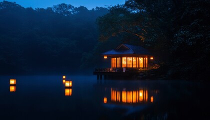 Fototapeta premium Tranquil cabin on a misty lake at night