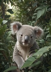 Fototapeta premium Adorable koala joey nestled in eucalyptus leaves, seamless repeat , animal, print, clipart