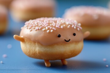 Cute smiling donut character with pink sprinkles on blue background