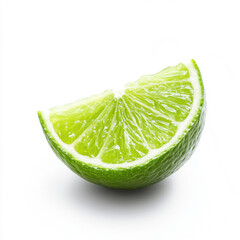 A close-up of a lime with a bite taken out, revealing its tart and juicy interior, isolated on a white background