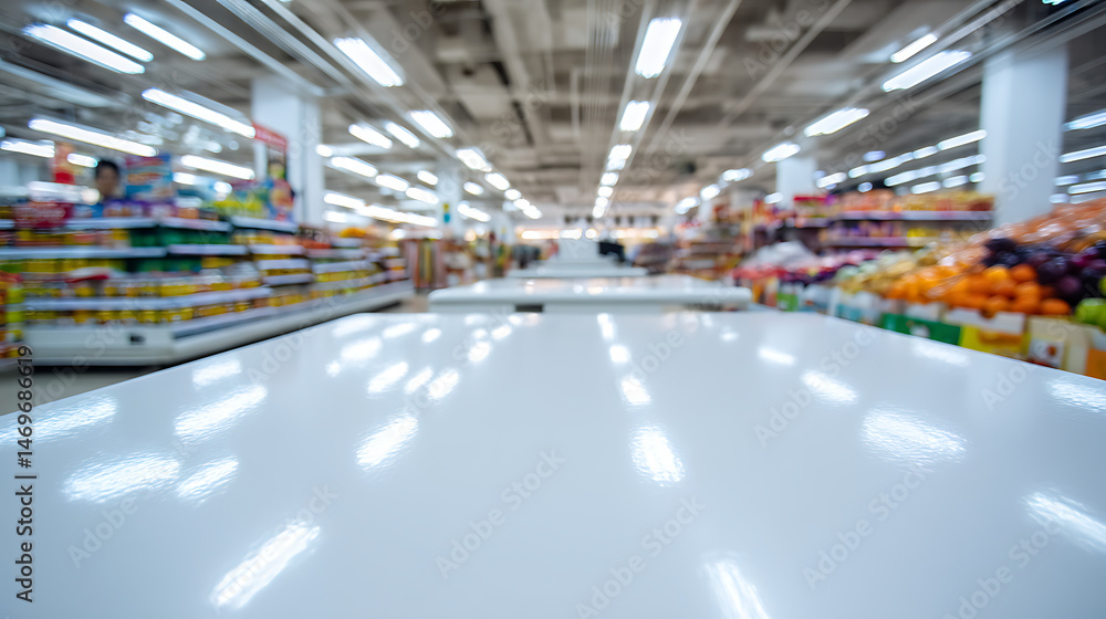 Aufkleber close up view of shiny white checkout counter surface with blurred grocery store aisle in background