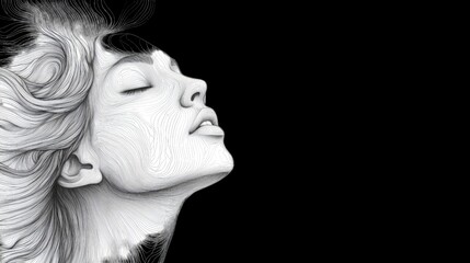 Fototapeta premium Elegant Woman Portrait Stipple Art Black Background Artistic Feminine Drawing Graphic Design Illustration