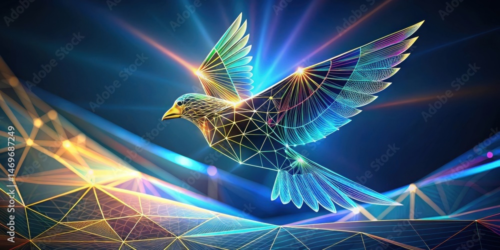Aufkleber Abstract Avian Flight A Polygonal Bird in Dynamic Motion Across a Network of Light