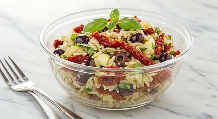 Orzo Pasta Salad with Olive and Tomato in Clear Bowl