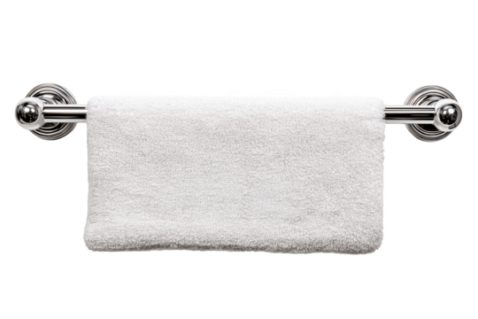 White Bath Towel Hanging On Chrome Towel Bar On Transparent Background