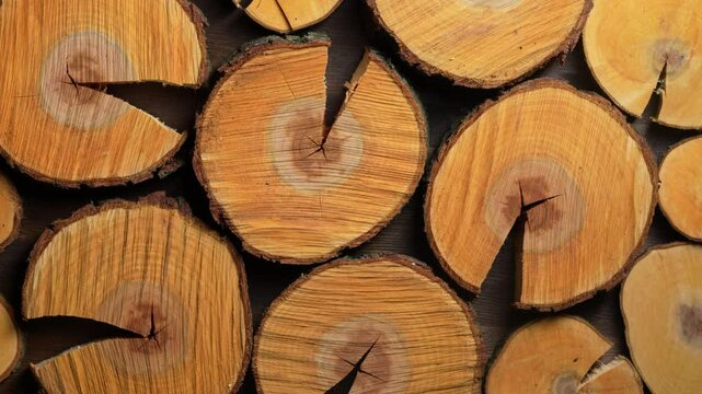 Cross-section of a apple tree trunks, close up, top view, rotates