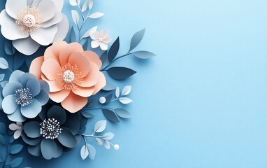 Naklejka premium Delicate paper flowers in soft pastel colors arranged in corner composition on a light blue background.