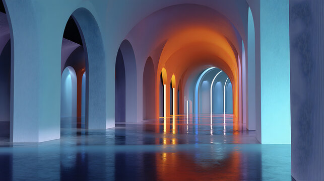 Neon-lit futuristic corridor with glowing archways - Powered by Adobe
