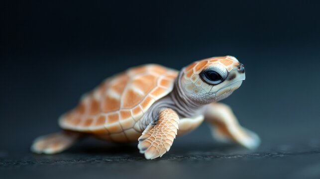 A baby sea turtle with a light brown shell and dark eyes.