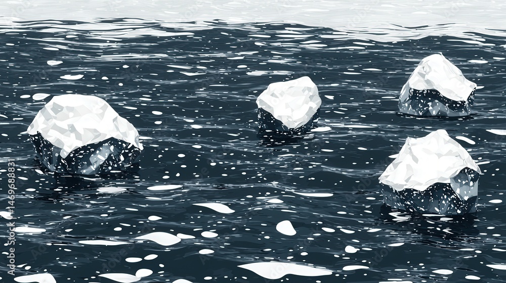 Poster ice chunks floating gracefully on calm water surface under bright sunlight creating a scenic view