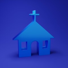 Blue Church building icon isolated on blue background. Christian Church. Religion of church. Minimalism concept. 3D render illustration