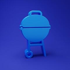 Blue Barbecue grill icon isolated on blue background. BBQ grill party. Minimalism concept. 3D render illustration