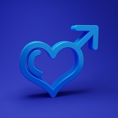 Fototapeta na wymiar Blue Male gender symbol and heart icon isolated on blue background. Minimalism concept. 3D render illustration