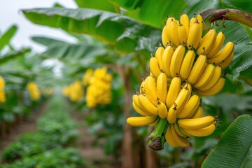 Naklejka premium Lush tropical plantation displaying vibrant yellow bananas hanging ripe on the tree, amidst green foliage