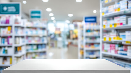 White countertop in a blurred pharmacy setting with shelves of medication and healthcare products in the background providing space for product display or advertisements