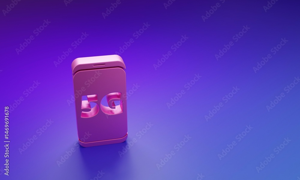 Poster pink mobile with 5g new wireless internet wifi icon isolated on purple-blue background. global netwo