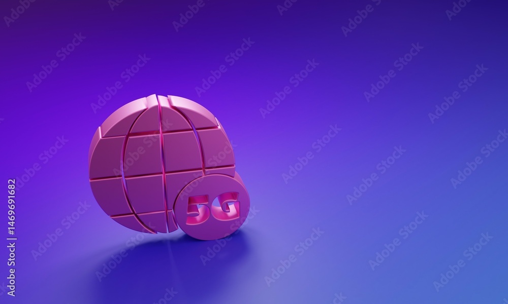 Poster pink 5g new wireless internet wifi connection icon isolated on purple-blue background. global networ