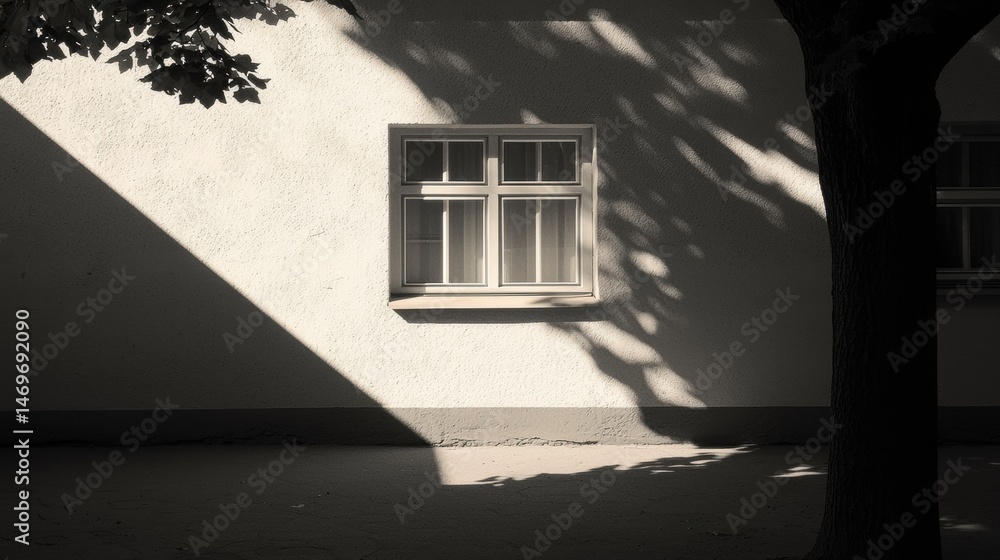 Poster a white building with a window and tree.