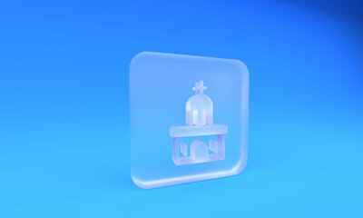 Frosted glass Church building icon isolated on blue background. Christian Church. Religion of church. Square frosted glass button. 3D render illustration