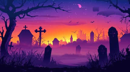 Naklejka premium Foggy Halloween cemetery with tombstones, crosses, bare trees, bats, and a castle silhouette against a colorful sunset sky with a crescent moon and stars. Spooky and atmospheric scene.
