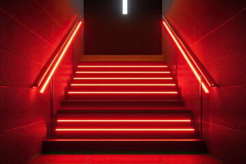 Red neon stairway in dark space