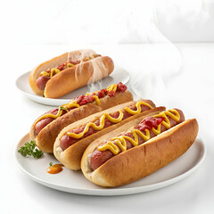 Delicious Hot Dogs: Juicy Sausages in Soft Buns with Mustard and Relish