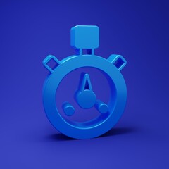Blue Stopwatch icon isolated on blue background. Time timer sign. Chronometer sign. Minimalism concept. 3D render illustration