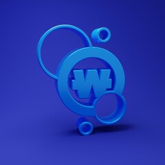Blue South Korean won coin icon isolated on blue background. South Korea currency business, payment and finance. Minimalism concept. 3D render illustration