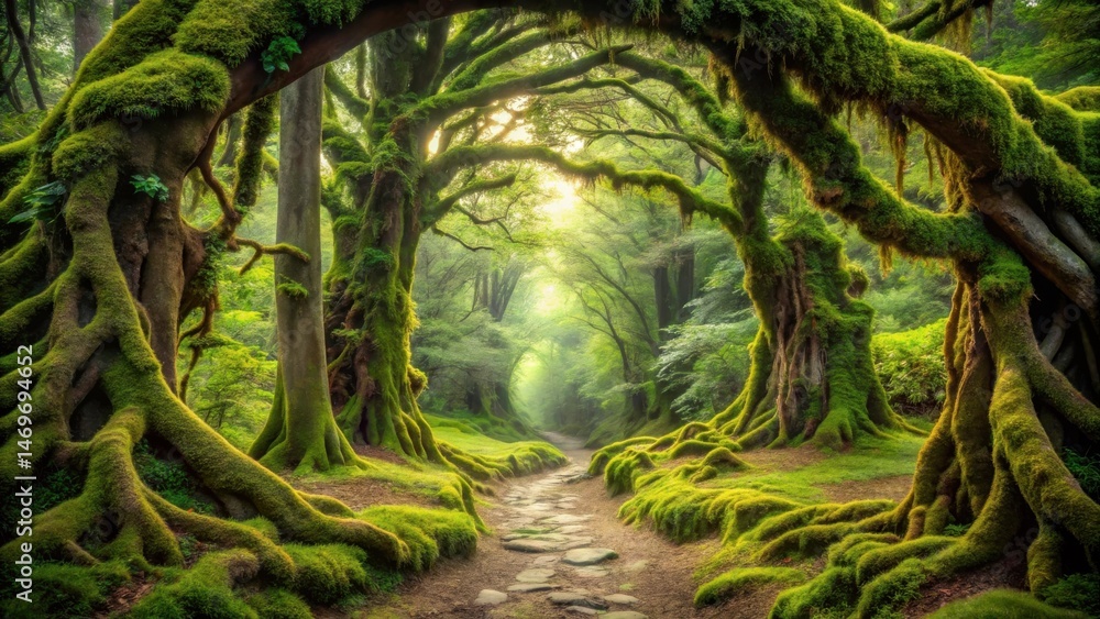 Poster Enchanted Forest Path A Mystical Journey Through Lush Greenery and Ancient Trees