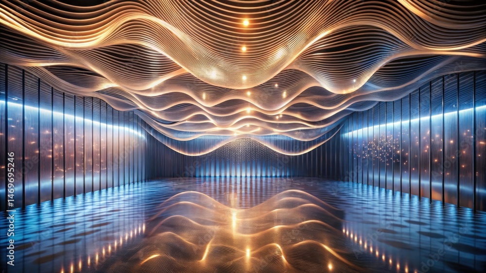 Poster Abstract Interior Design A Futuristic Architectural Space with Illuminated Wave-Like Ceiling and Reflective Floor