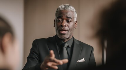 Focused business professional speaking during a meeting.