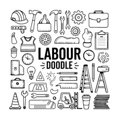 Set of labour themed doodle on white background. Hand drawn abstract doodle isolated on white background.