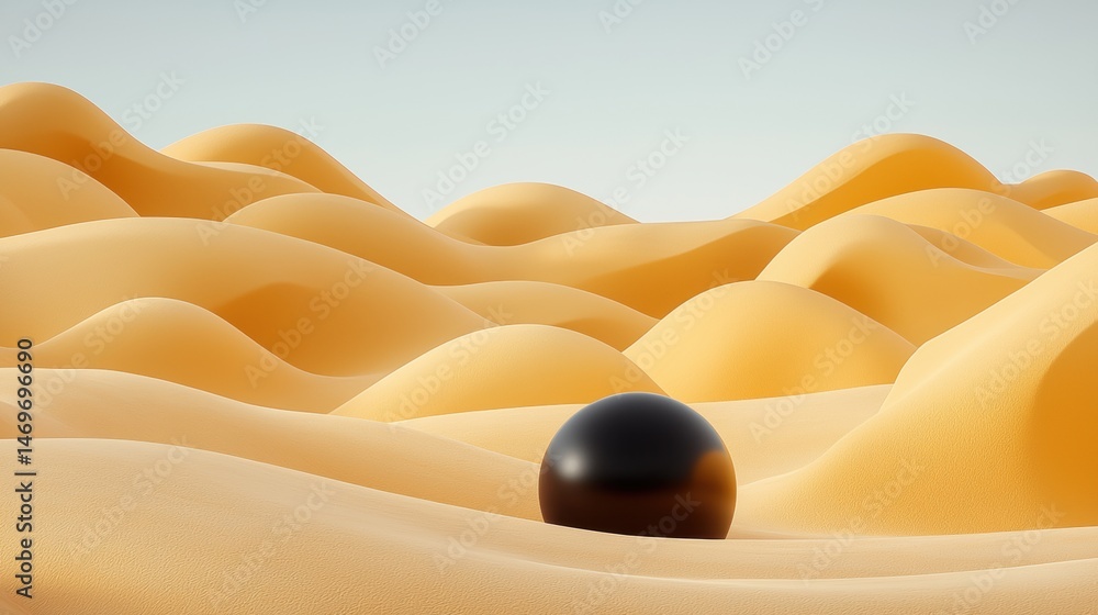 Poster a 3d rendering of a desert landscape with a large, dark-colored sphere in the center.