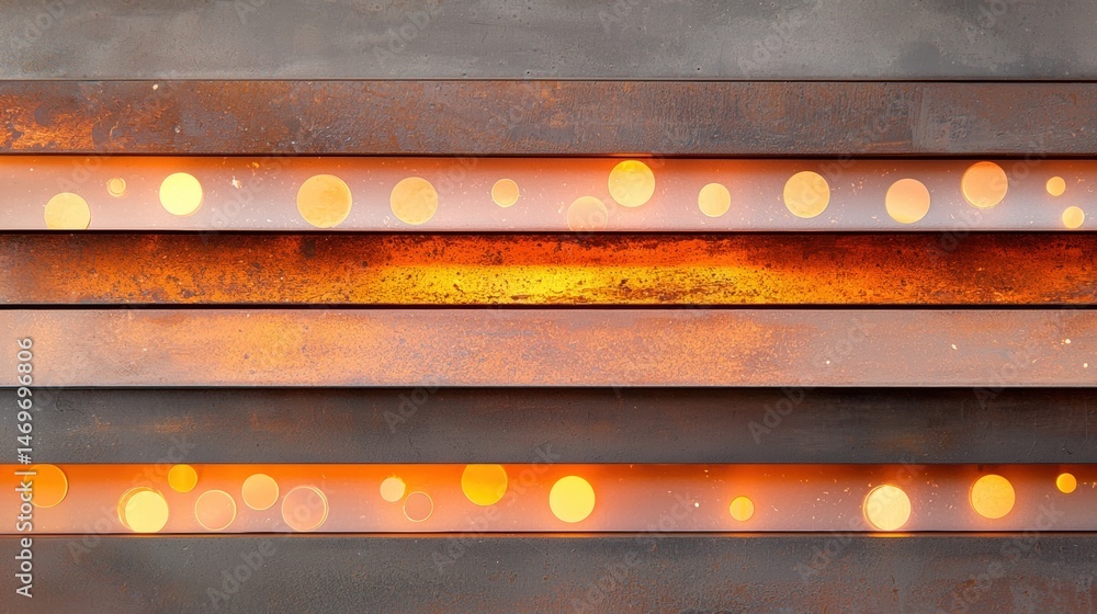 Poster a close-up view of a rusty metal surface with a pattern of orange and yellow circles.