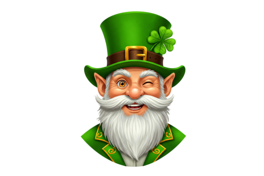Green-hatted leprechaun with white beard, one eye winking, clover on hat, isolated on transparent background 