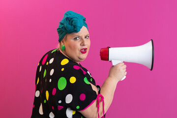 Colorful Retro Woman Shouting Through a Megaphone