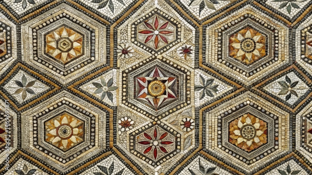 Poster intricate hexagonal mosaic tile pattern featuring floral and geometric designs in earthy tones